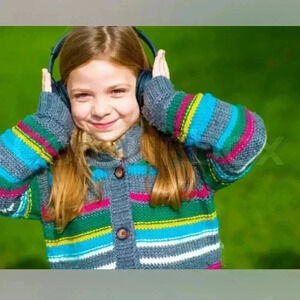 Hanna Andersson faux fur collar rainbow striped cardigan sweater